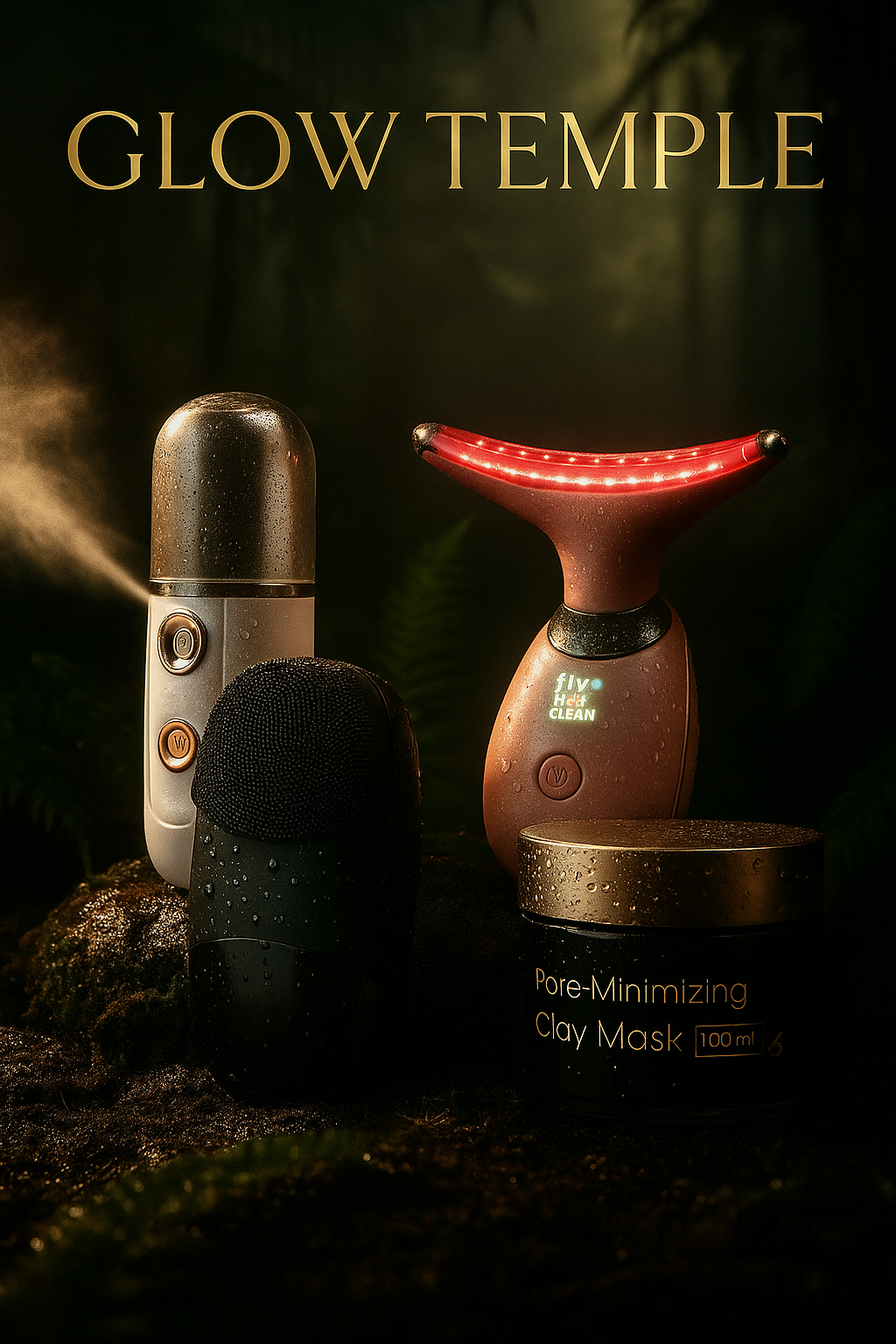 Glow Temple Renewal Kit: Red Light Massager, Sonic Cleanser, Nano Mist & Pore-Minimizing Clay Mask